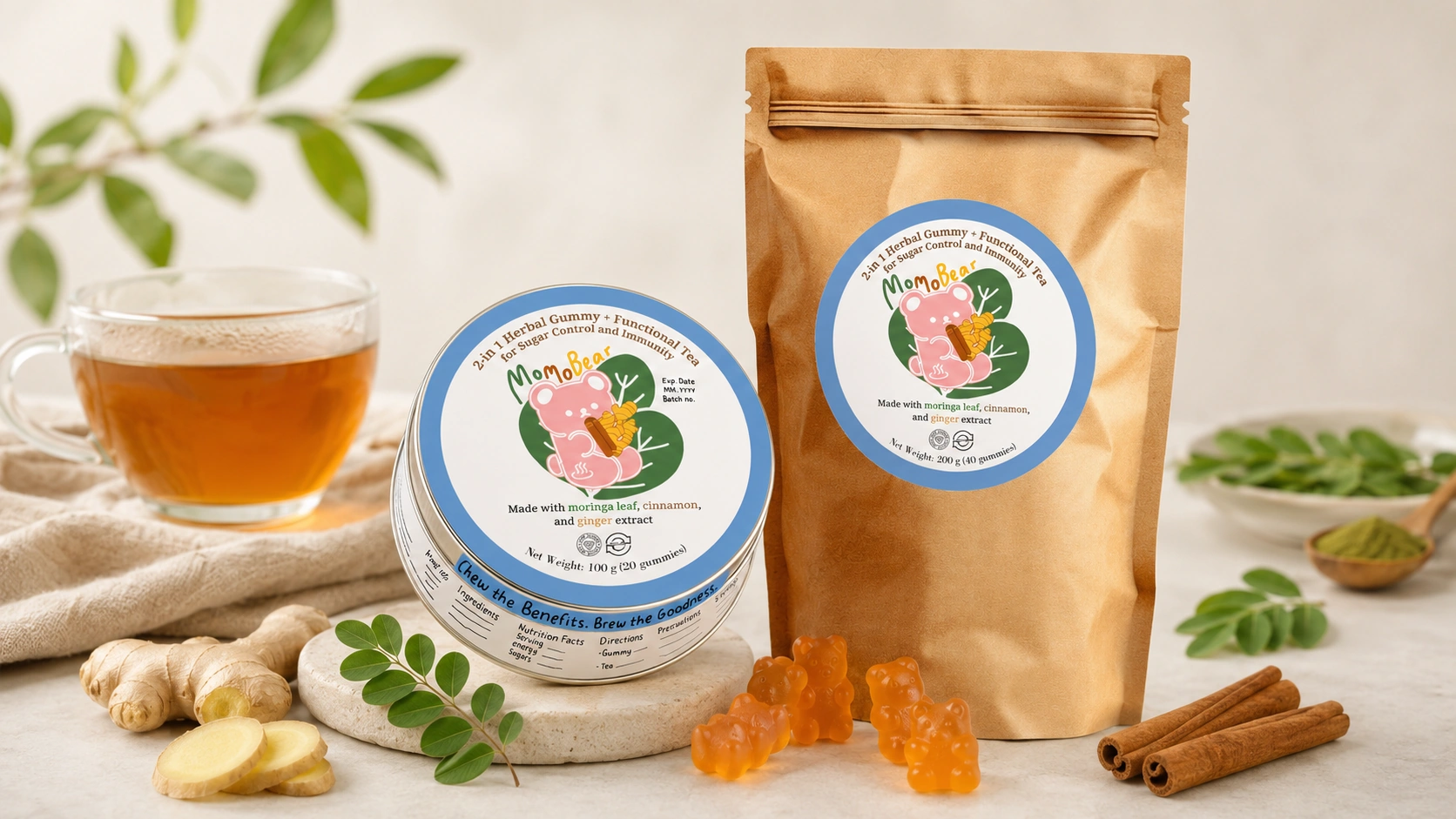MomoBear 2-in-1 Herbal Gummy + Functional Tea